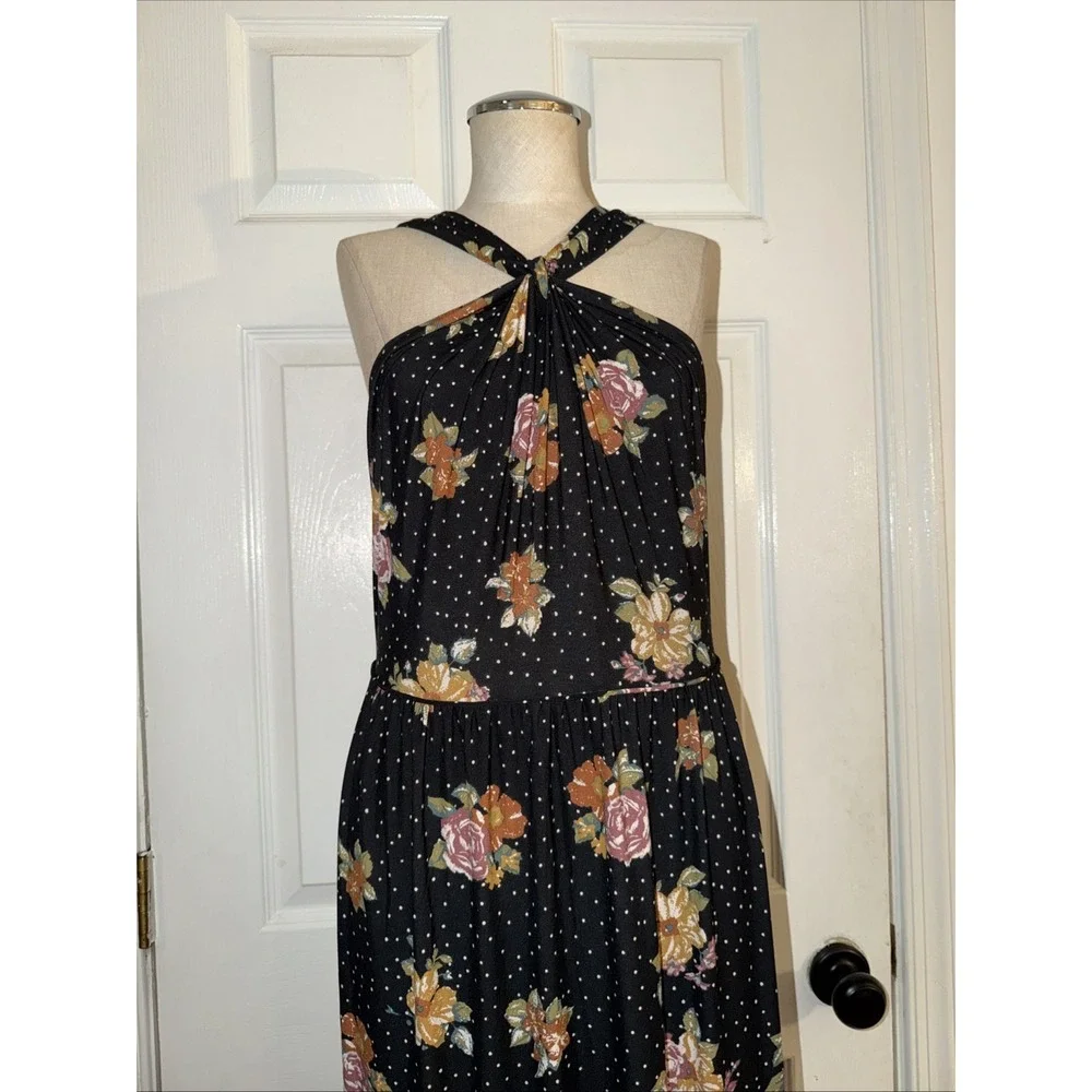 Free People Vintage Boho Black Floral Jersey Dress Slit Size L Large Maxi Halter
